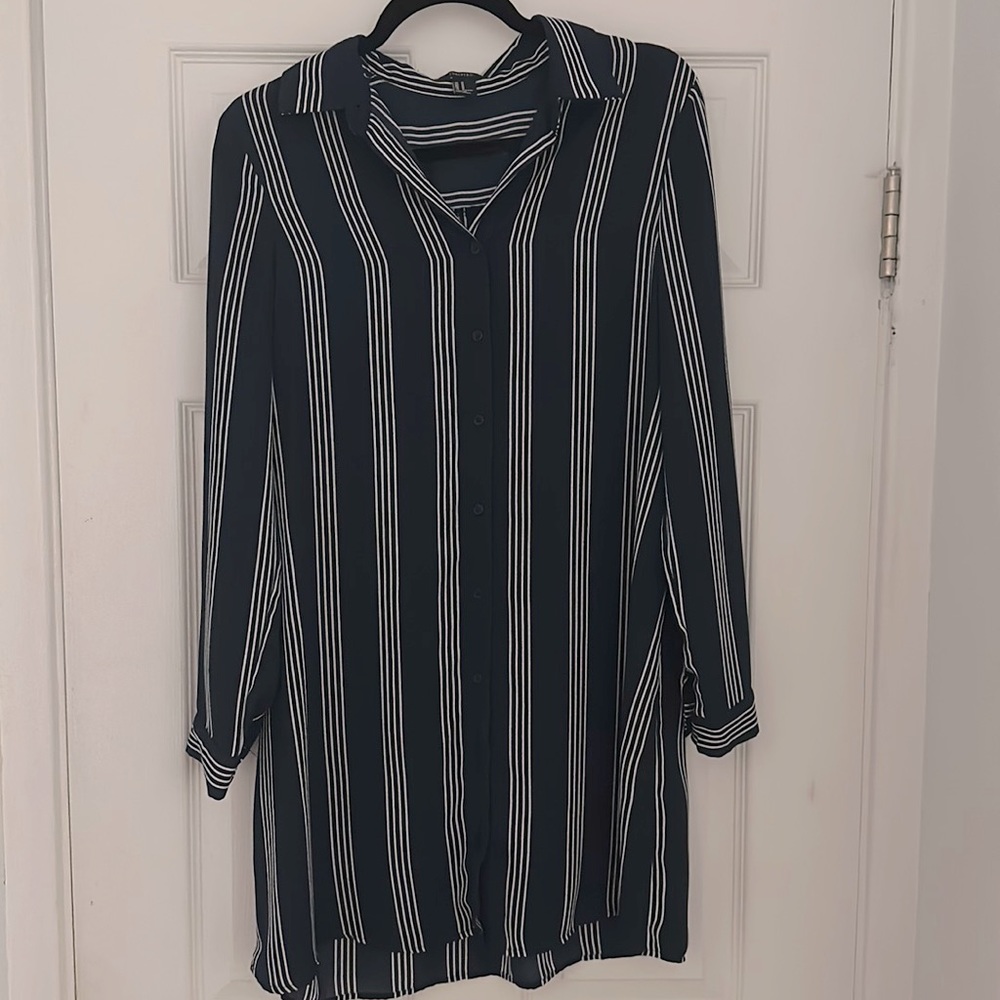 Navy-White Striped Button-Up Dress